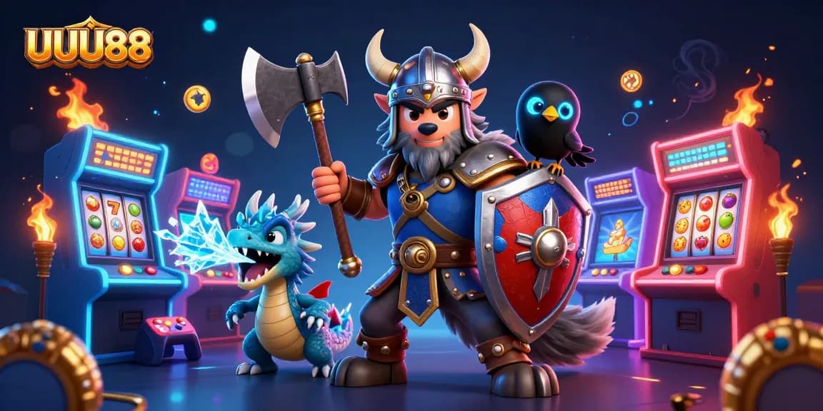 Experience thrilling gaming with UUU88 in a vibrant casino scene featuring a Viking warrior and dragon.