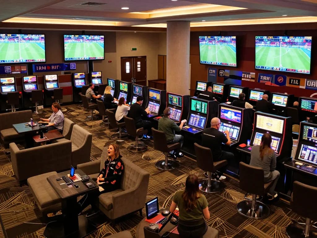 Betting action at Sunwin sportsbook with excited players and live sports screens