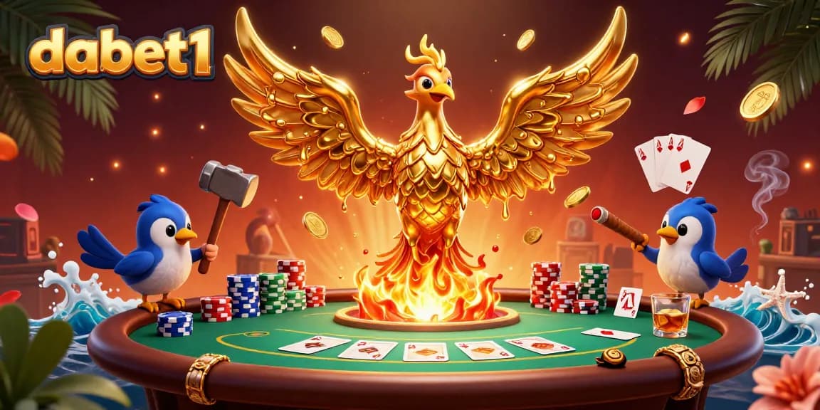Engage with dabet1's thrilling poker scene featuring a molten metal phoenix and vibrant gaming elements.