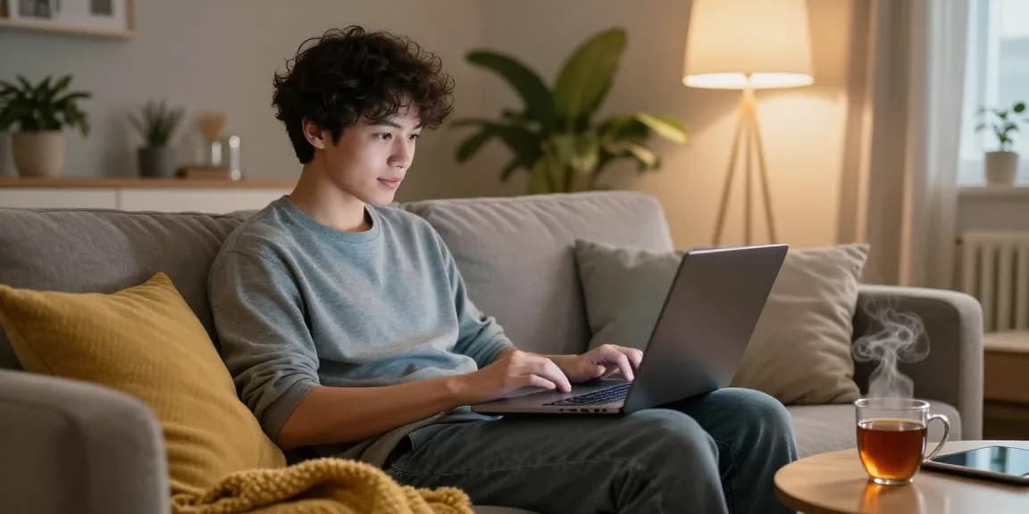 Young adult engaging in an intimate ai sex chat on a laptop in a cozy living room.