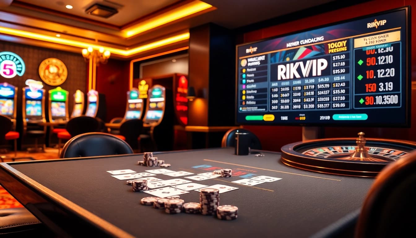 Engaged players enjoying thrilling games at RIKVIP's luxurious online casino, showcasing vibrant slot machines and gaming tables.