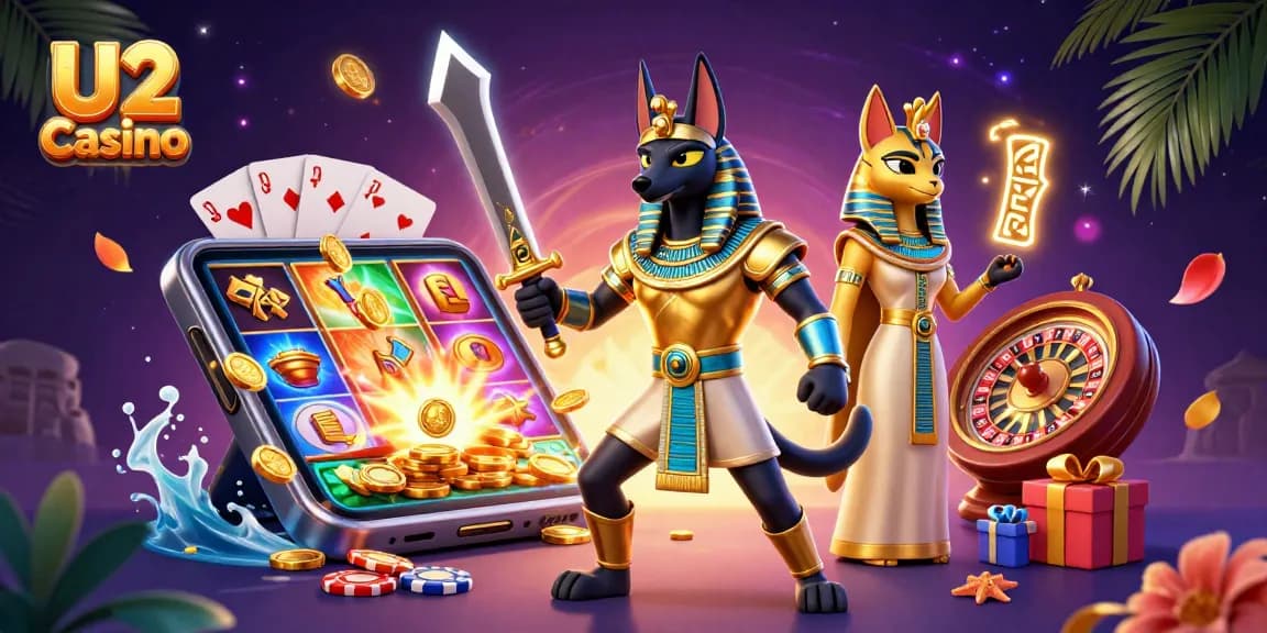 Experience the thrill of U2 Casino with an action-packed 3D scene featuring lavish characters and casino elements.