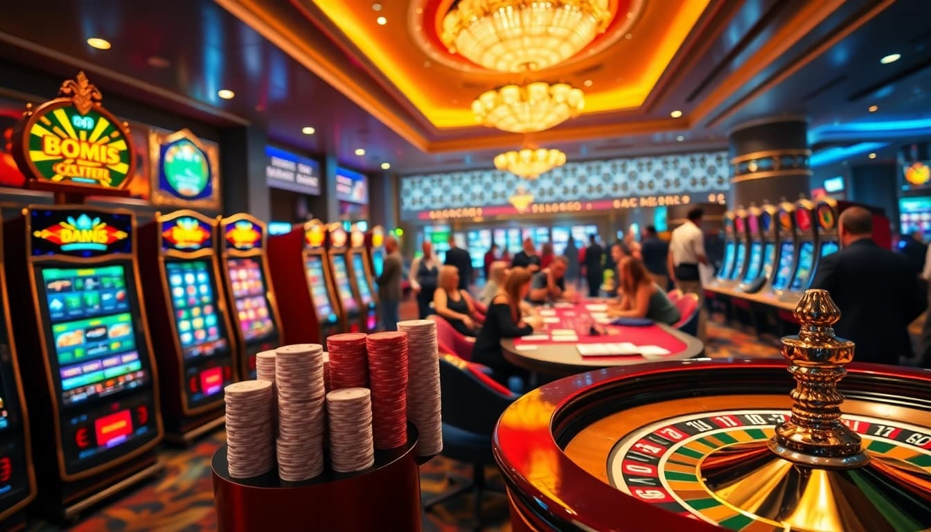 Experience exciting idnslot action with vibrant casino games, poker chips, and roulette wheels in a luxurious casino.