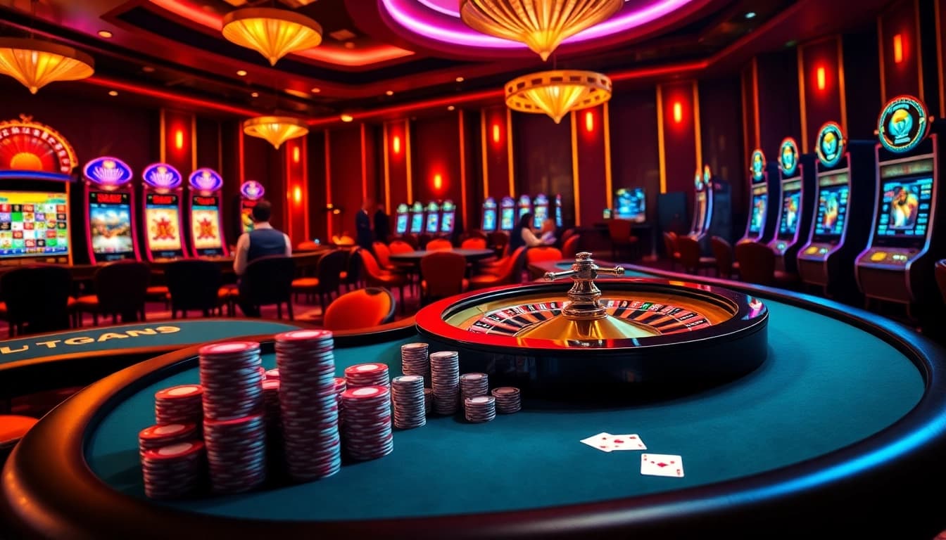 Thrilling gaming experience at Nhà cái uy tín with luxurious casino tables and vibrant poker chips.