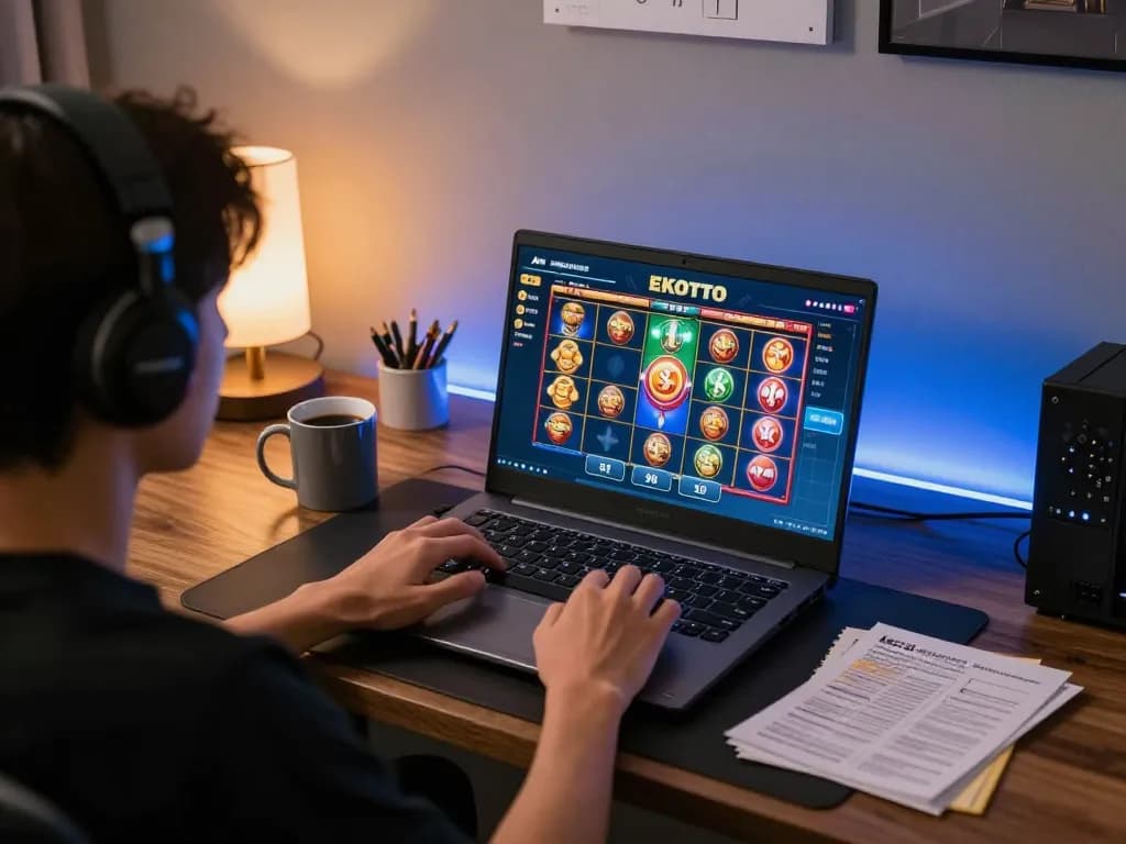 Pemain terlibat dalam permainan online EKOTOTO dengan antarmuka slot interaktif di pengaturan rumah yang nyaman