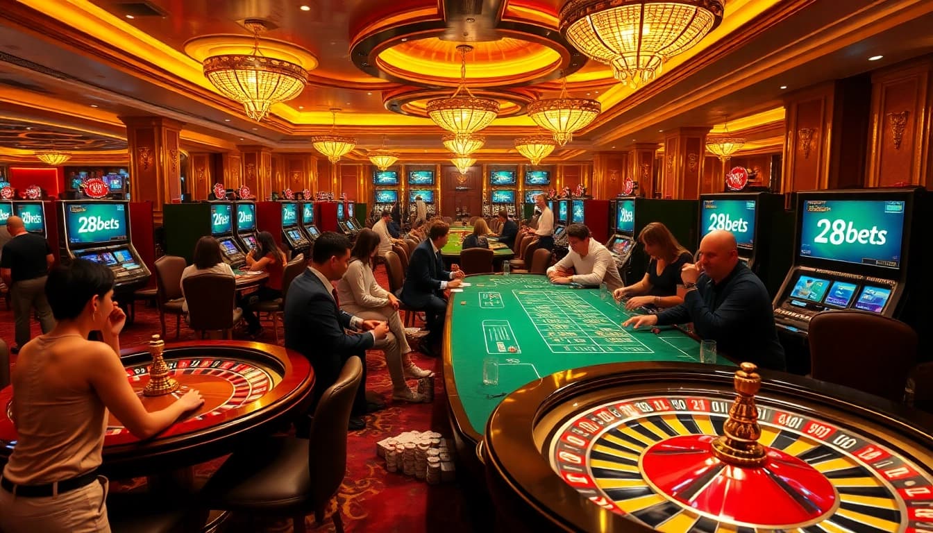 Gamblers enjoying games at 28bets casino with vibrant tables and lively atmosphere.