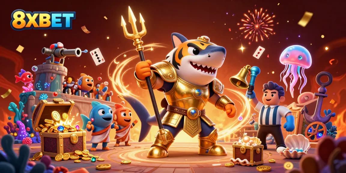 Engage in thrilling play at 8XBET with a vibrant underwater casino scene featuring a gladiator shark.