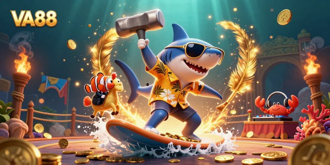 VA88 invites players to dive into thrilling fishing games with vibrant characters surfing through gold coins.