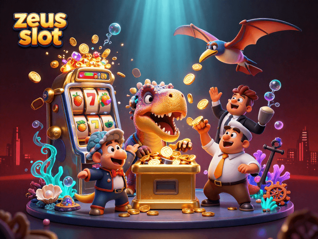 Experience zeus slot action with a cartoon dinosaur headbutting a slot machine amidst flying coins and bright casino elements.