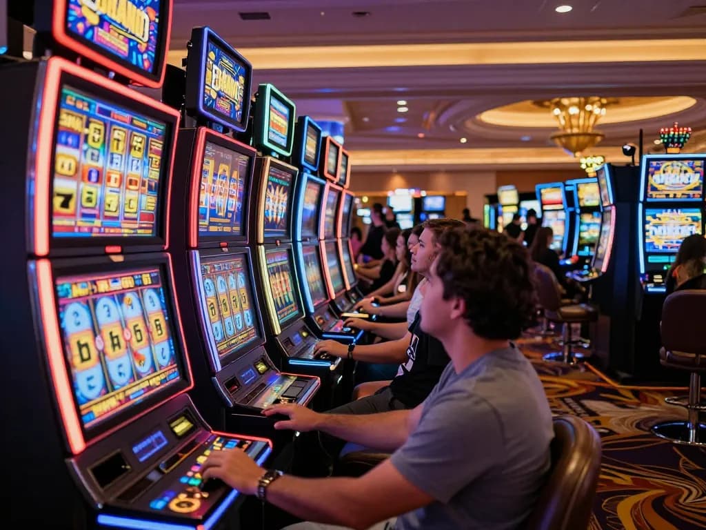 Players enjoying link slot machines amid vibrant casino atmosphere with bright lights and sounds