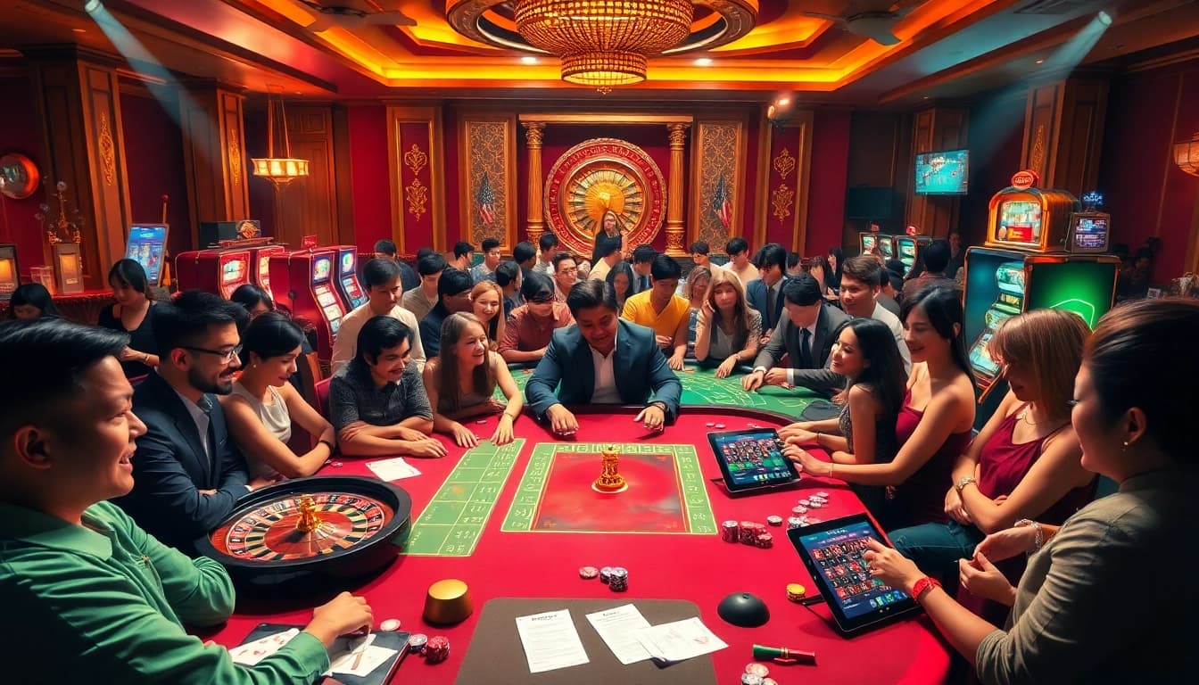 Players enjoying a thrilling game at a go88 casino table, surrounded by rich luxury elements and online gaming features.