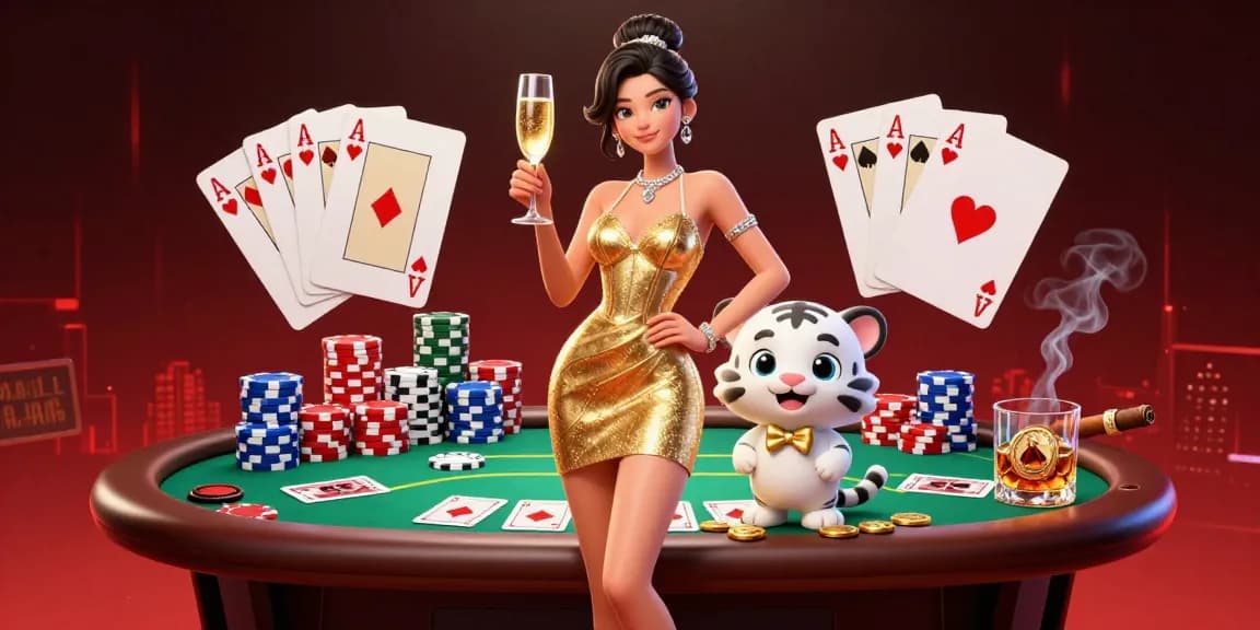 Celebrate 33Win excitement with a glamorous scene featuring poker elements and a lucky tiger.