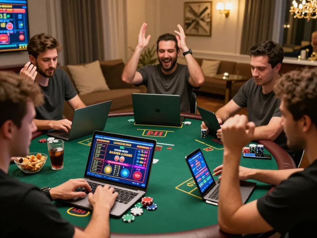 Savvy gamblers celebrate a win on a situs gacor during a cozy home gaming night.