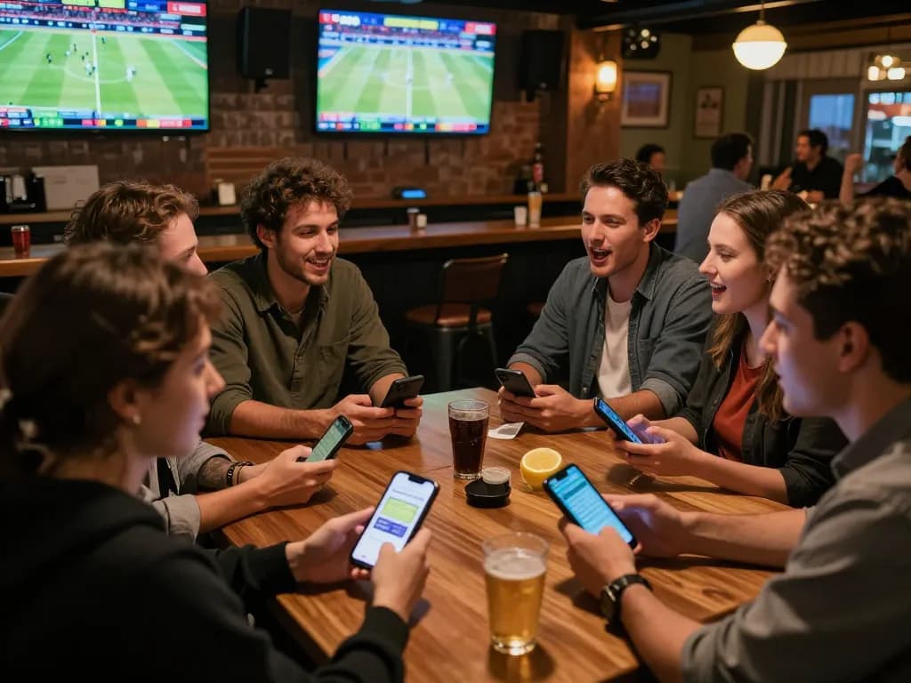 Soi kèo enthusiasts cheering while placing bets at a lively sports bar.