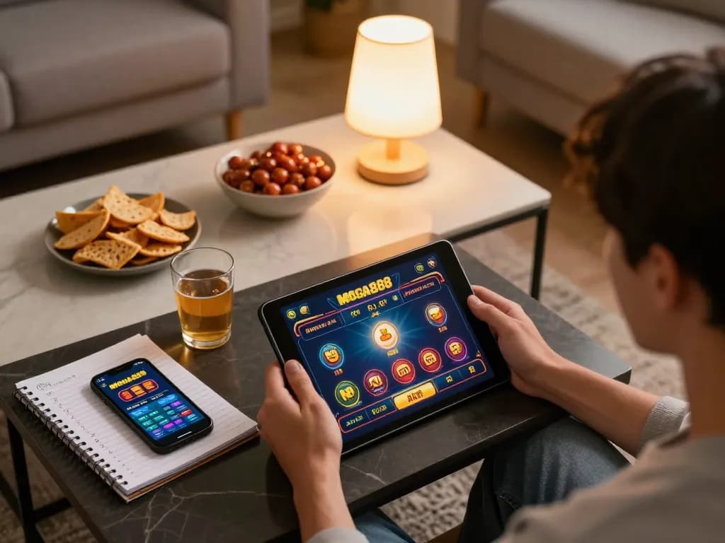 The player navigates the mega888 apk for online gaming on a cozy tablet setup, surrounded by snacks.