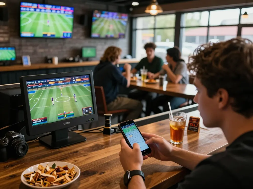 Engaged user betting on mobile app showcasing Thương hiệu fly88 in lively sports atmosphere.