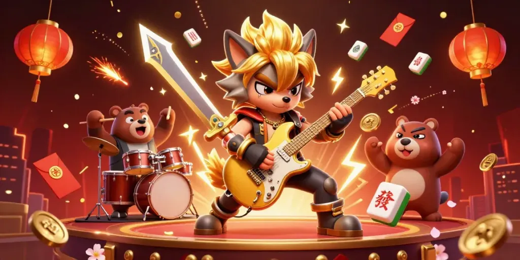 Experience thrilling gameplay at sunwin with a vibrant casino scene featuring a rock star wolf and dynamic elements.
