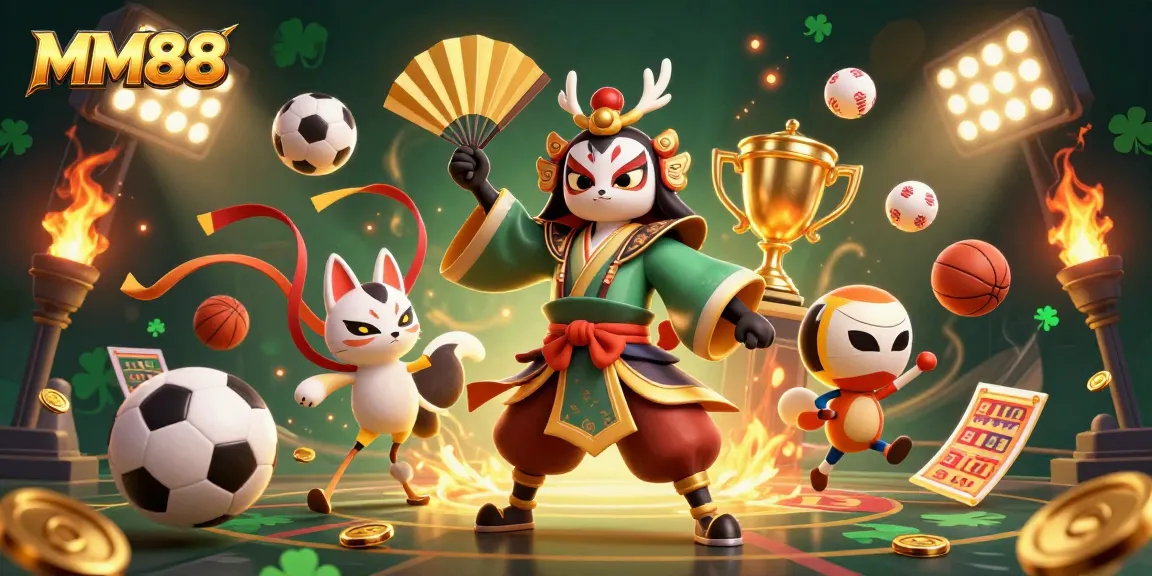 Experience thrilling wins with MM88 in a vibrant 3D casino scene filled with sports elements.