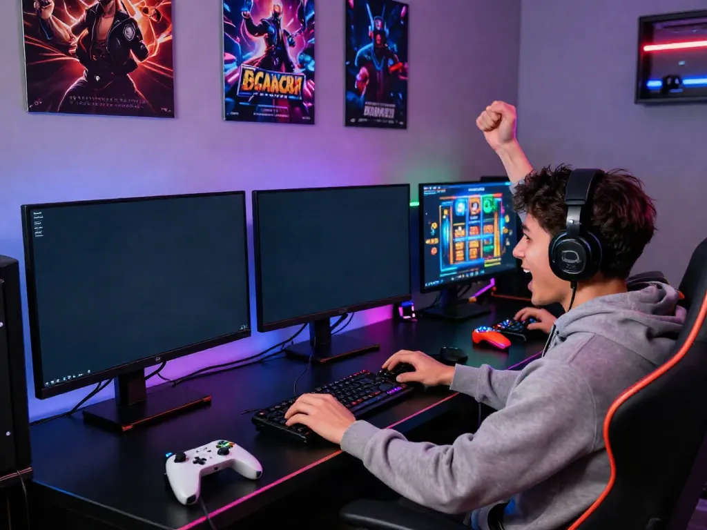 Player celebrating a win while playing SLOT GACOR on multiple screens in a vibrant gaming setup.