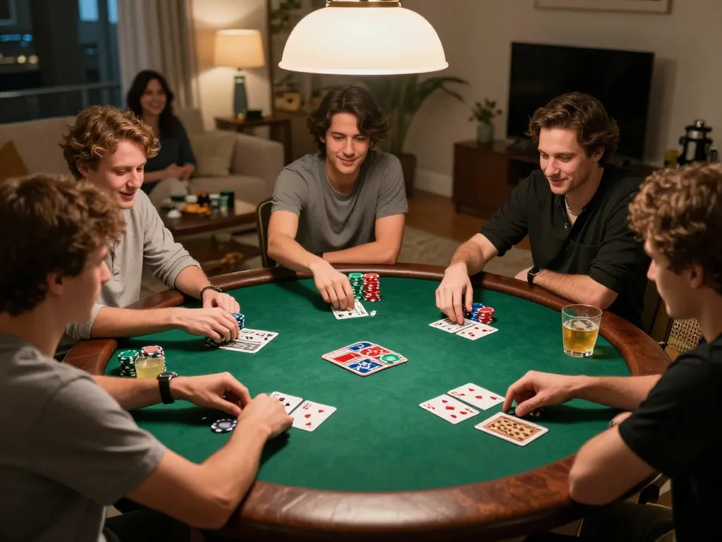 Players enjoying a heated poker game during a friendly night, showcasing mpoid strategy with colorful chips and cards.
