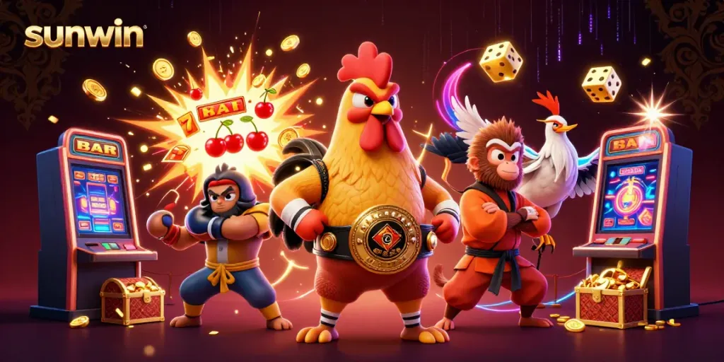 Experience excitement at sunwin with vibrant characters and a jackpot explosion in this casino scene