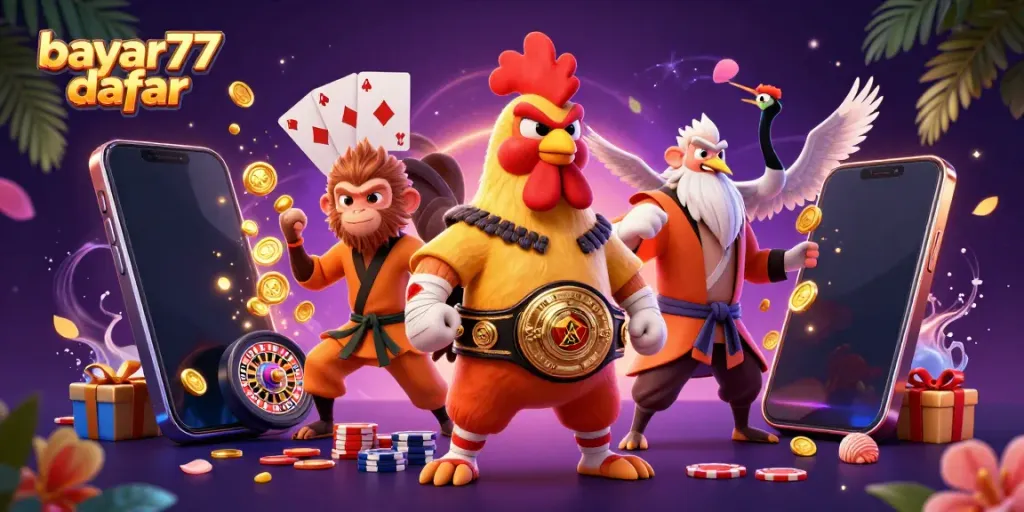 Kickstart your gaming journey with bayar77 daftar, featuring dynamic Muay Thai rooster and Shaolin monkey icons.