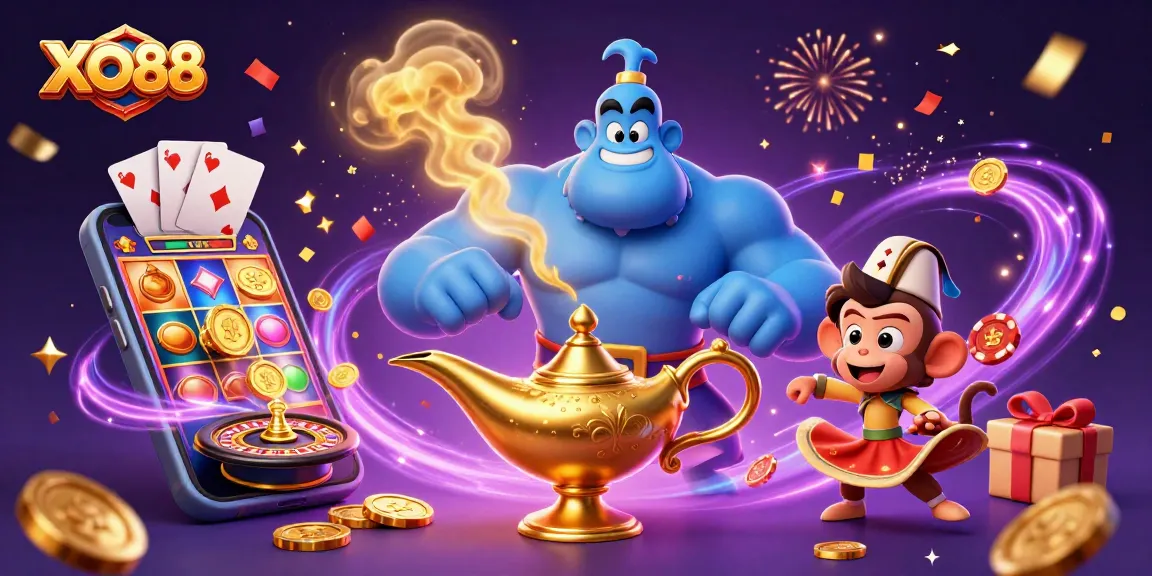 Experience the thrill of XO88 with a magical illustration featuring a genie, poker chips, and slot games.