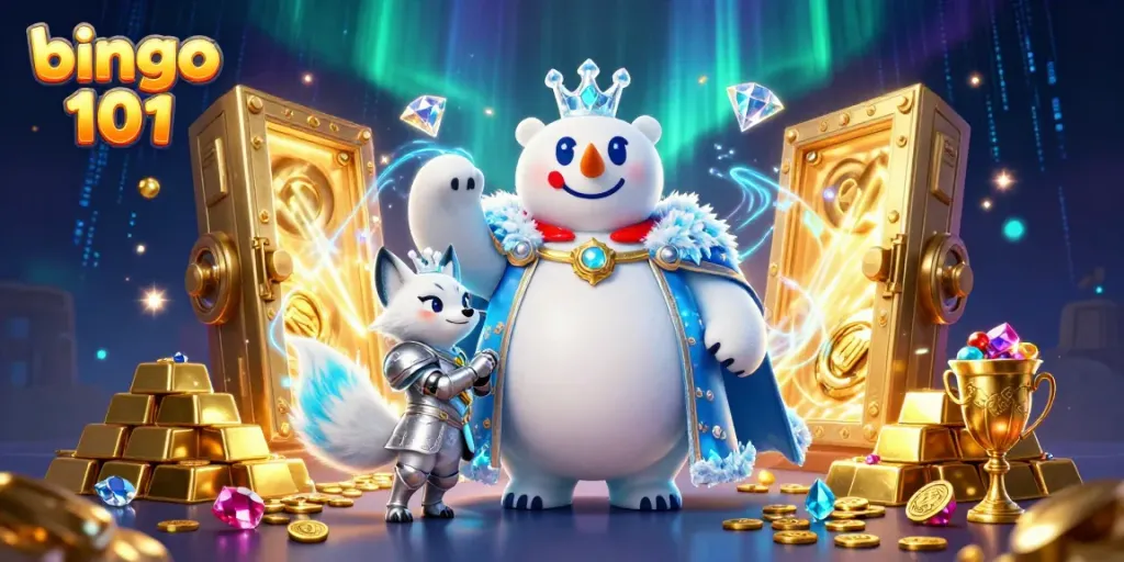 Engage in exciting gameplay on bingo 101, featuring a captivating polar bear and fox in a rich casino scene.