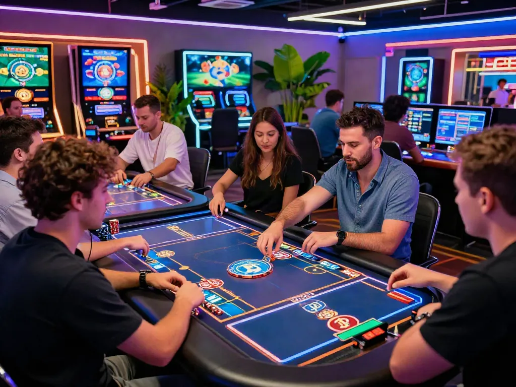 Engaging players enjoying the Wolfbet Promotions Page in a modern online casino setting, showcasing vibrant gameplay.