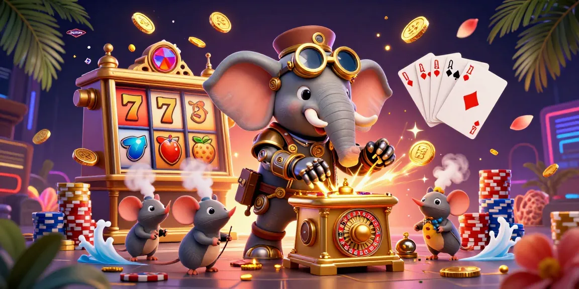 Engage with net88z's thrilling slot adventure featuring vibrant 3D illustration of a steampunk elephant and cascading coins.