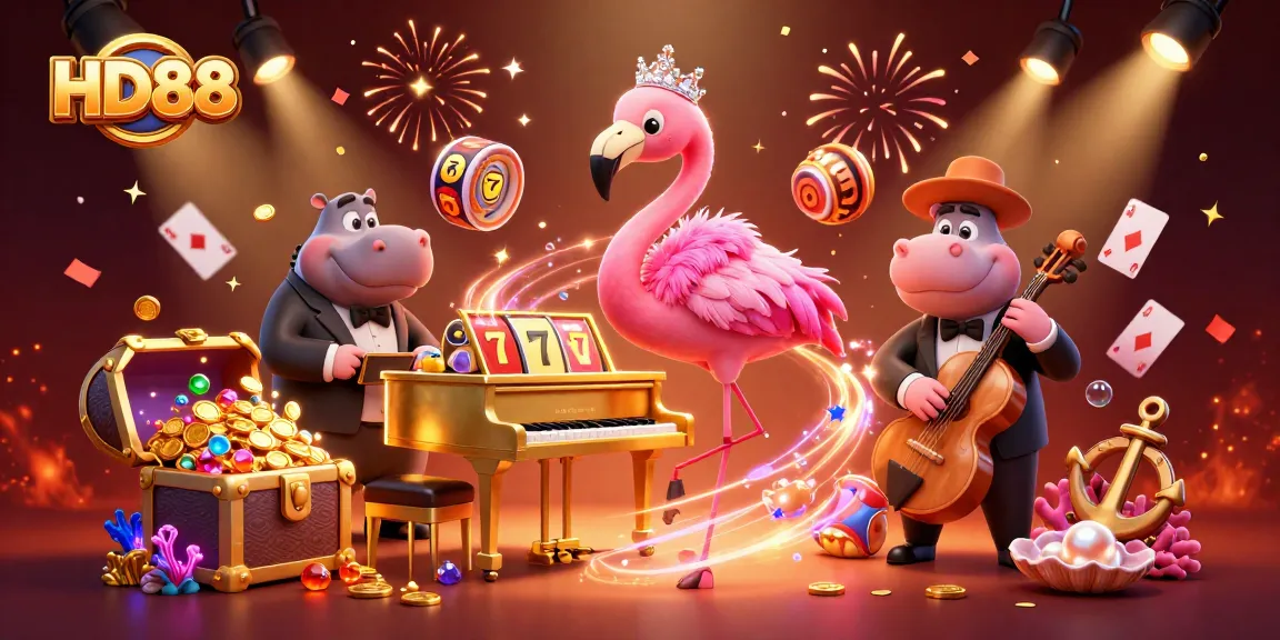 Win big at HD88 with an exciting image featuring a lively casino scene with colorful slot machines and characters.