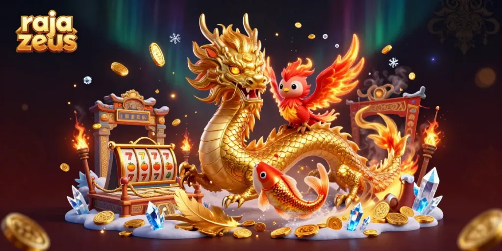 Tunjukkan permainan raja zeus dengan naga emas, phoenix merah, dan ikan koi beruntung terbang di atas koin dalam ilustrasi kasino.
