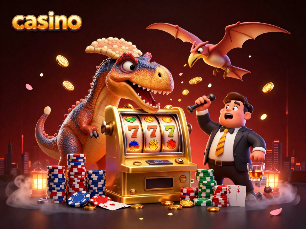 Casino characters celebrating jackpot wins, showcasing slot machines and vibrant poker elements.
