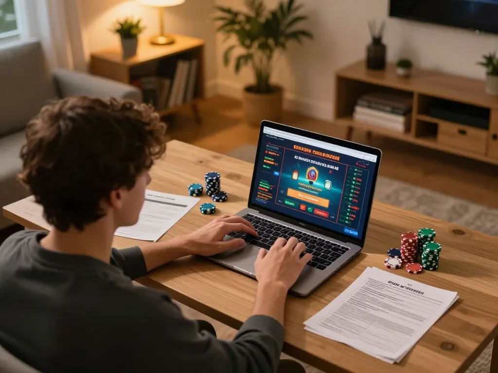 Engaging home gaming scene with individual using nhacaiuytin online casino on laptop, cozy atmosphere.