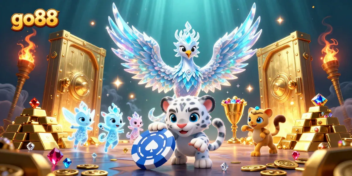 Engage with go88's vibrant casino scene featuring ice phoenix, playful snow leopard, and sparkling treasures.