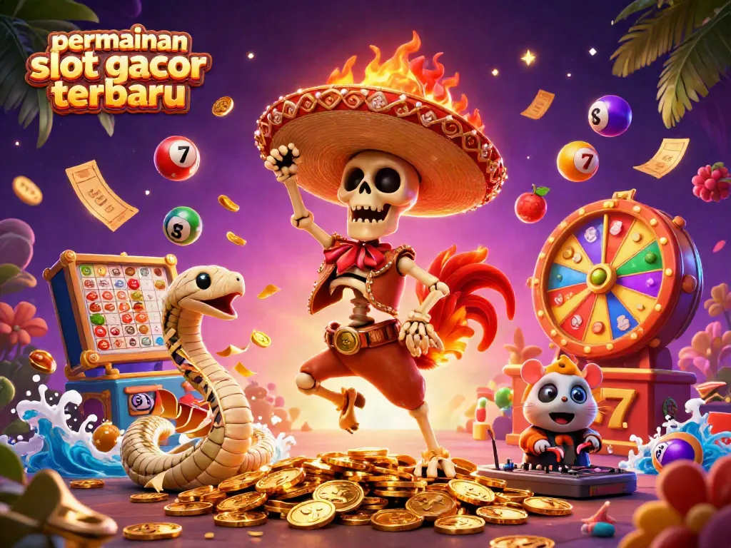 Menampilkan permainan slot gacor terbaru dengan karakter kartun beraksi di atas koin emas.