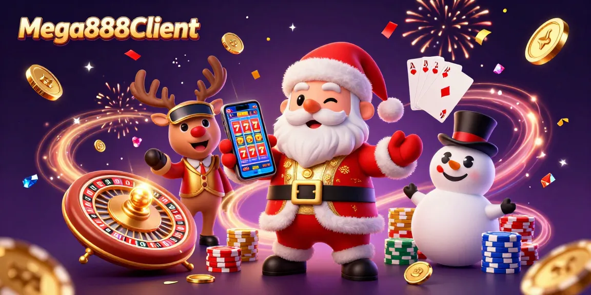 Join Mega888Client for festive gaming fun with Santa, casino-themed characters, and jackpot excitement!