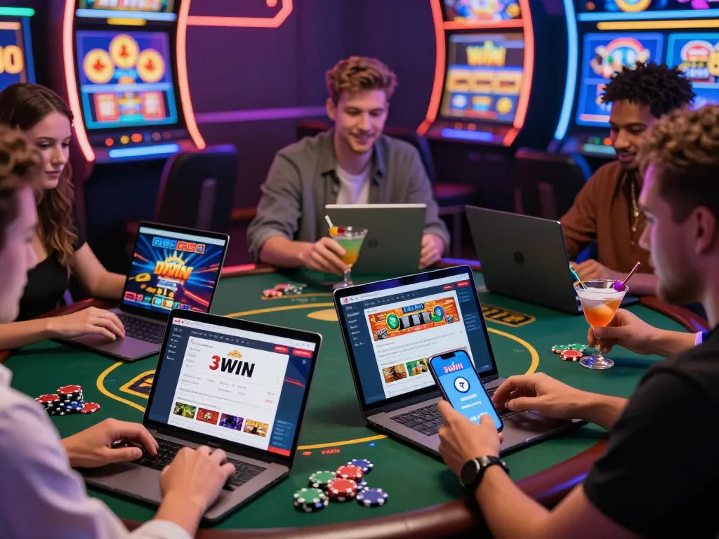 Engaging players exploring https://3win.baby/ on various devices in a vibrant online gambling setting, full of excitement and neon lights.