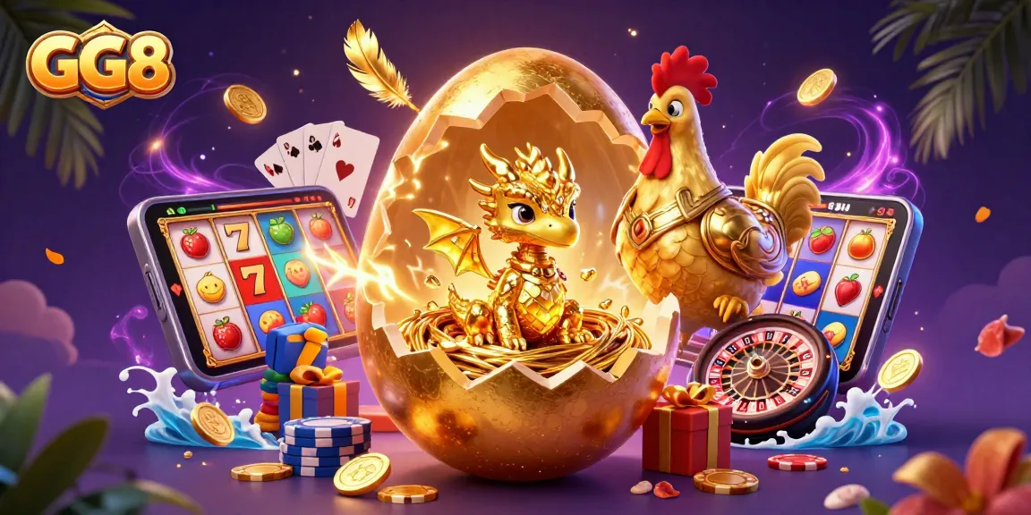 Engage with the GG8 gaming experience featuring a golden dragon and vibrant casino elements.