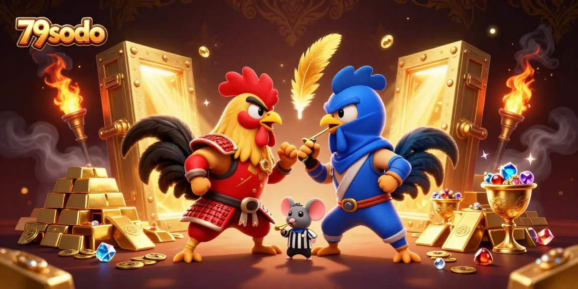 Engage with 79sodo's thrilling gambling experience featuring roosters in dramatic standoff amidst gold and treasure.