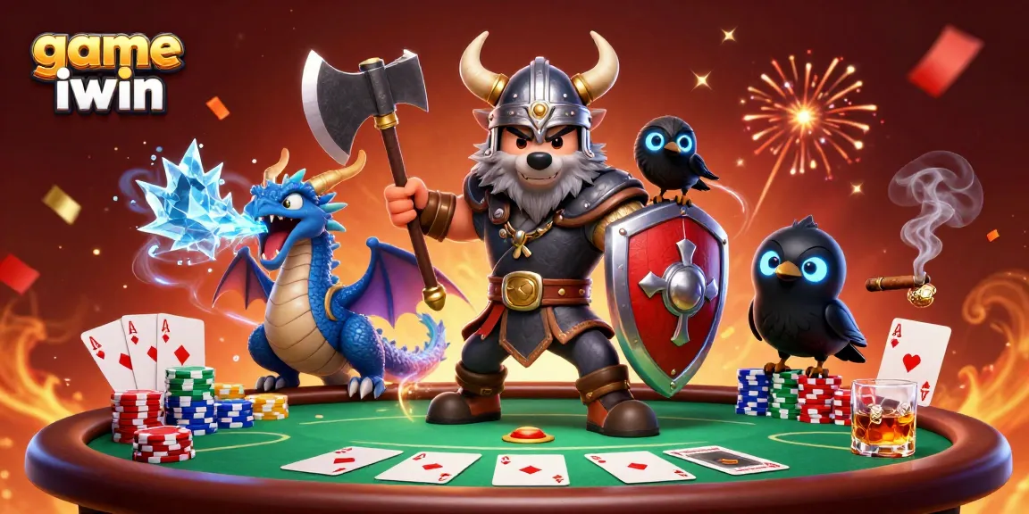 Engage in thrilling action with game iwin featuring a Viking wolf warrior alongside dragons and poker elements.