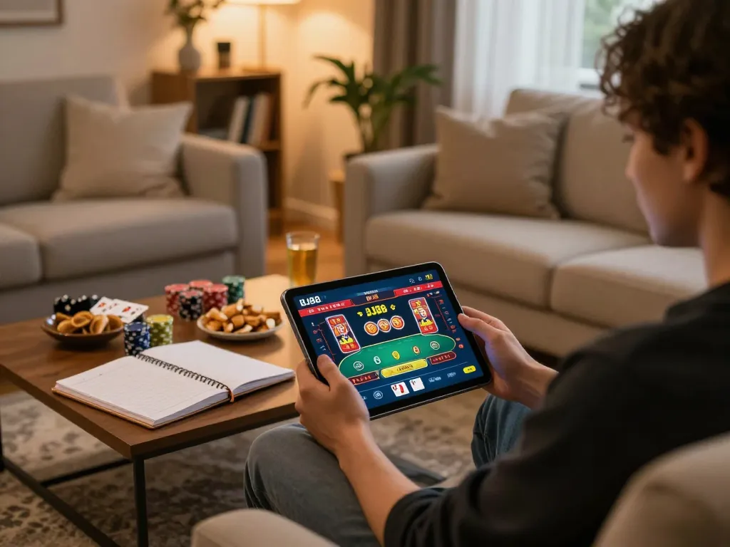 BJ88 player strategizing at home during online gaming session with tablet interface, cozy environment.