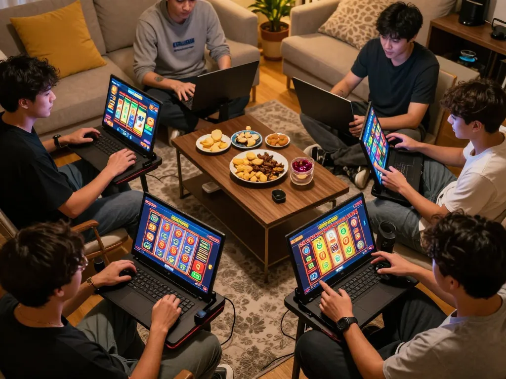LIGALGO players enjoying exciting spins on mobile slots in a cozy home environment.