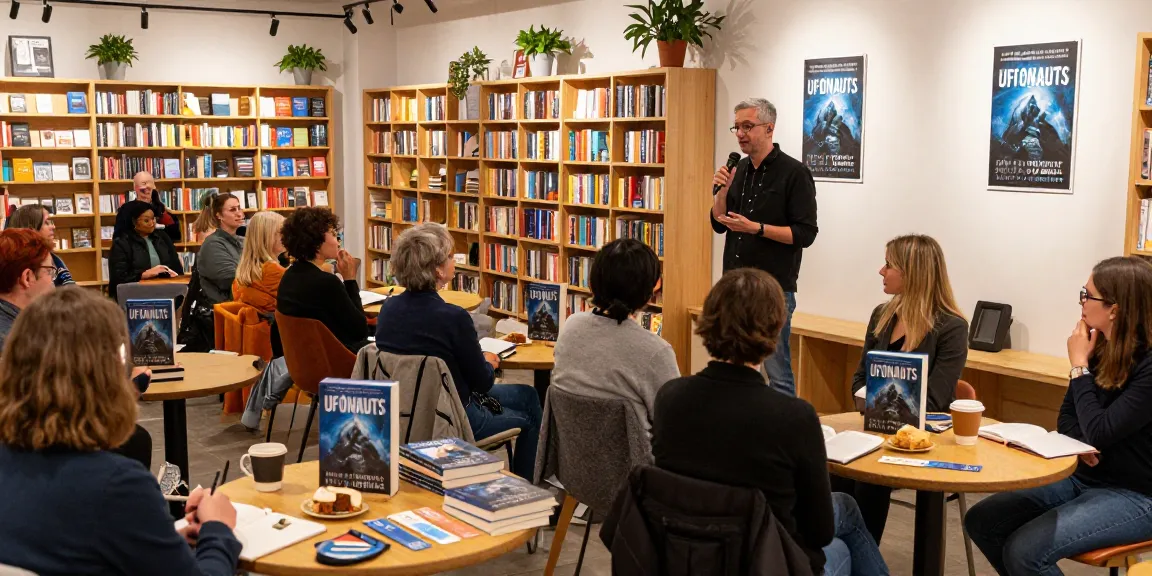 A cozy bookstore event featuring T Allen Greenfield presenting his award-winning book UFOnauts, showcasing engaging readers and vibrant atmosphere at https://tallengreenfield.com.