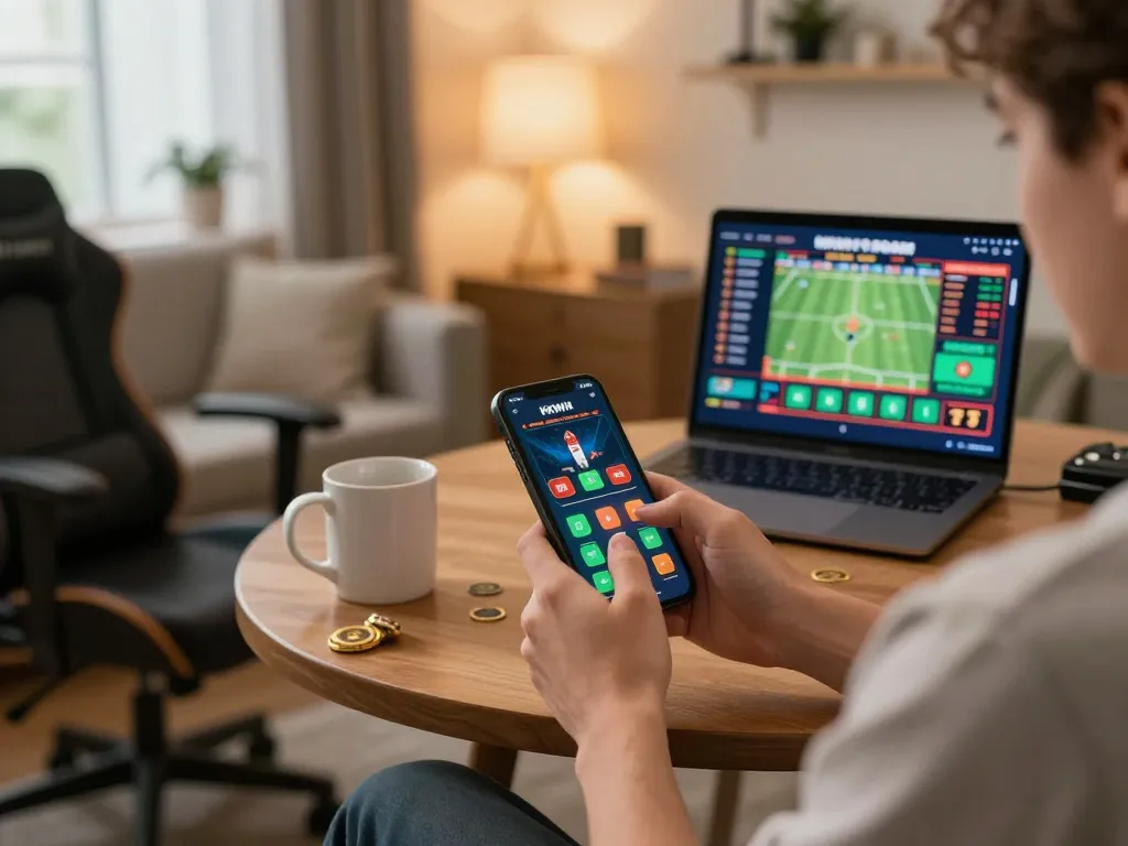 Player engaging with the KKWIN app during an online gambling session at home, showcasing a strategic betting moment.