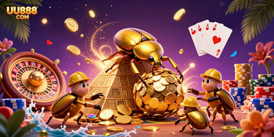 Experience excitement at UU888 COM with golden beetles and casino symbols in this vibrant illustration.