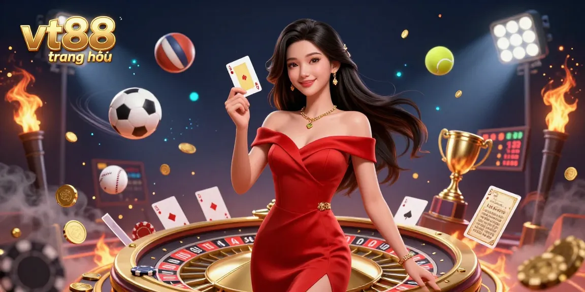 Experience the thrill at vt88 trang chủ with a stunning illustration showcasing vibrant casino elements and a poised dealer.
