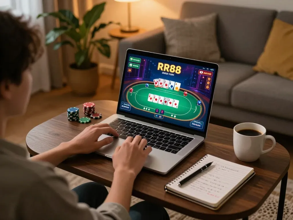 Engaging gameplay at RR88 on a laptop showing poker interface in a cozy home setting.
