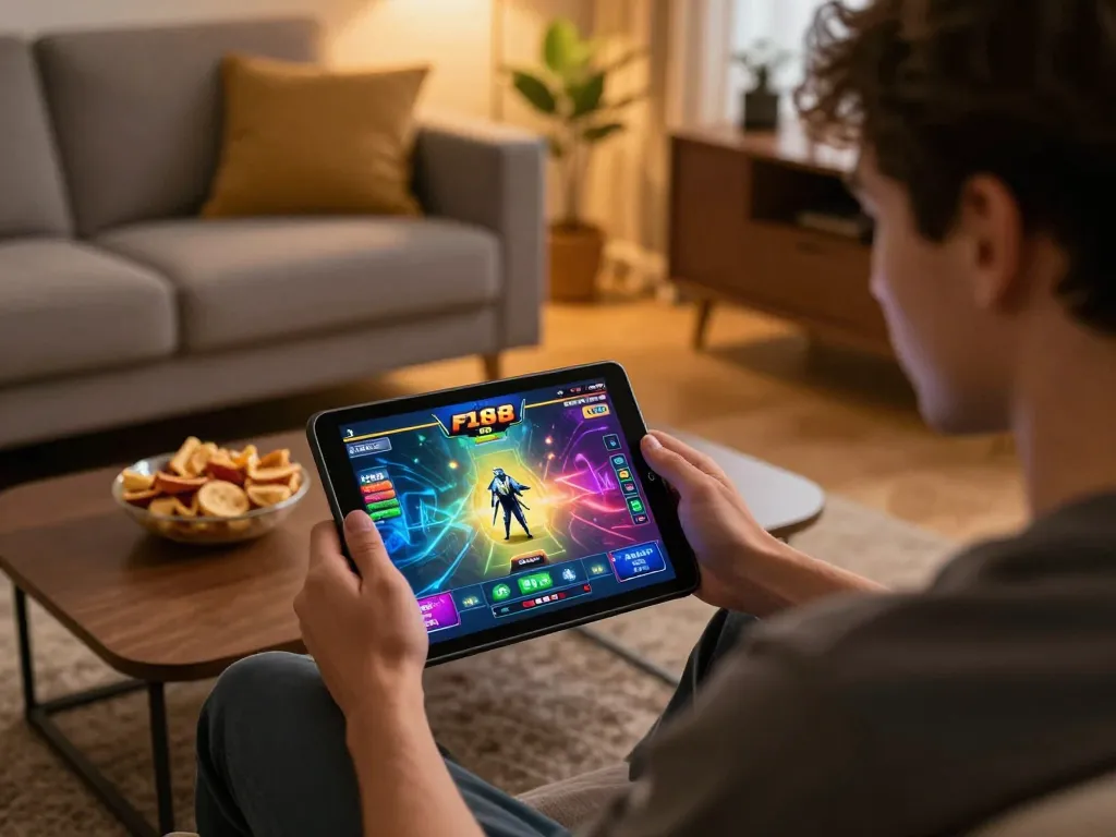 Player engaging with F168 casino app on tablet, showcasing an immersive online gambling experience.