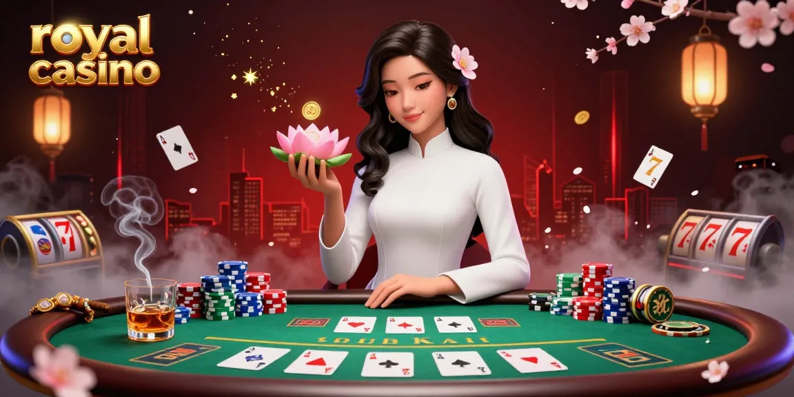 Experience the thrill of royal casino with vibrant poker elements and an elegant Asian character surrounded by stunning visuals.